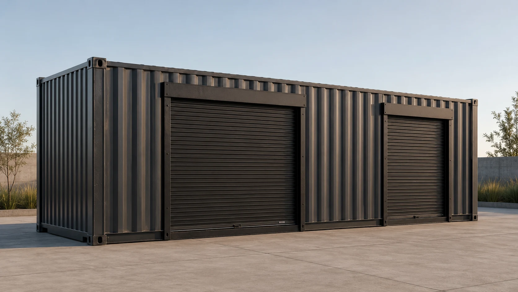 Fachada frontal de las minibodegas con las cortinas metálicas cerradas